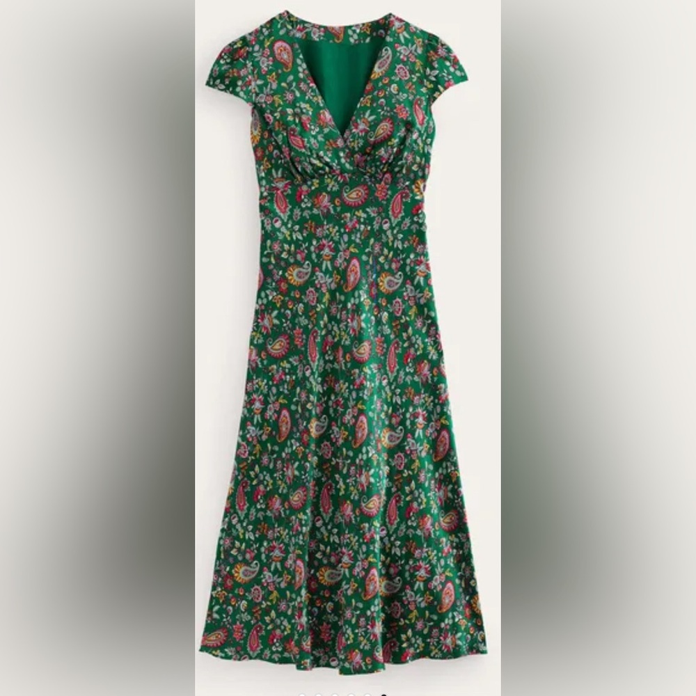 BODEN, Satin Empire Midi Tea Dress, Green, Dandelion Paisley